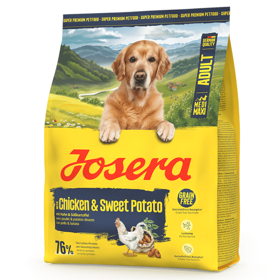 Josera Adult Chicken&SweetPotato bezzbożowa karma sucha dla aktywnych psów średnich i dużych ras, Waga [kg]: 0.9 