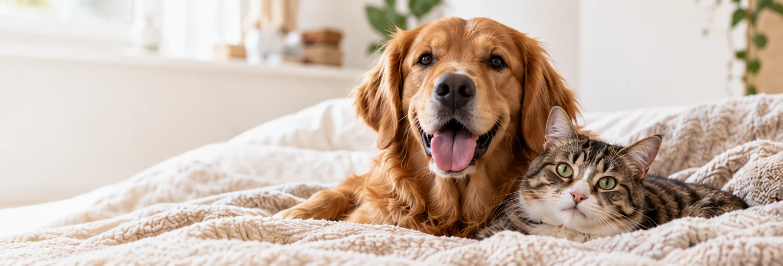 Golden retriever i pręgowany kot odpoczywają razem na jasnym kocu