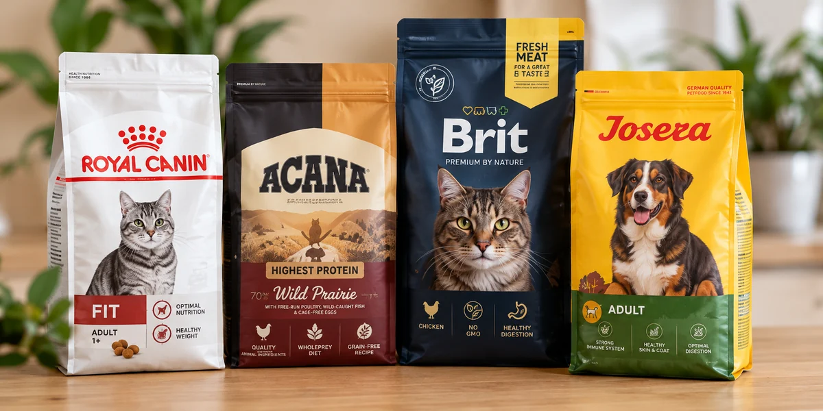 Opakowania karm Royal Canin, Acana, Brit i Josera na drewnianym blacie