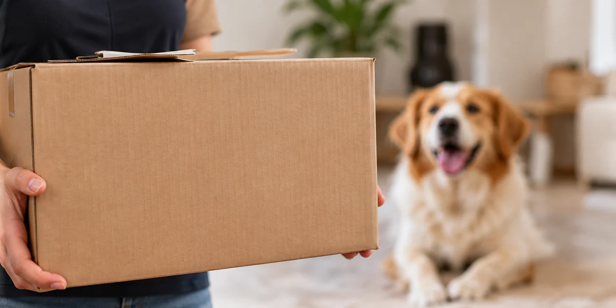 Osoba trzyma kartonową paczkę, a obok czeka golden retriever